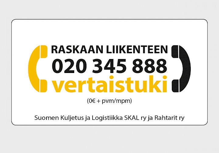 Raskaan liikenteen vertaistuki ilmoitus, jossa puhelinnumero palveluun 020 345 888